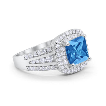 Halo Art Deco Wedding Ring Princess Cut Round Simulated Blue Topaz CZ 925 Sterling Silver